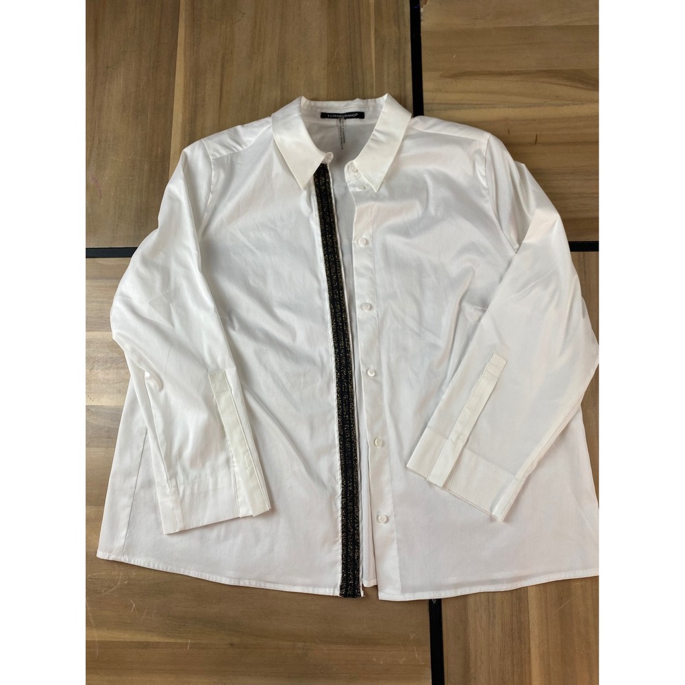 LUISA CERANO Womens White ButtonShirt Black Gold Stripe Embellished Size XL